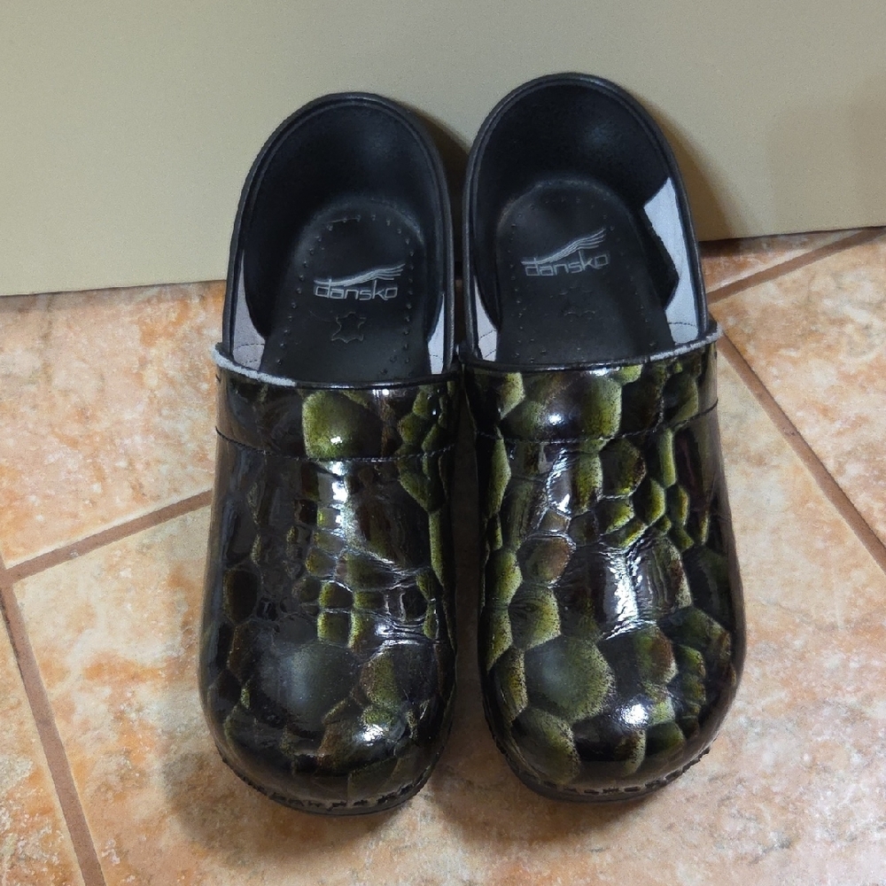 Dansko Green and Black Slip Ons - Simulated Snakeskin
